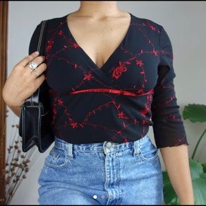 vintage floral v neck top with red ribbon
